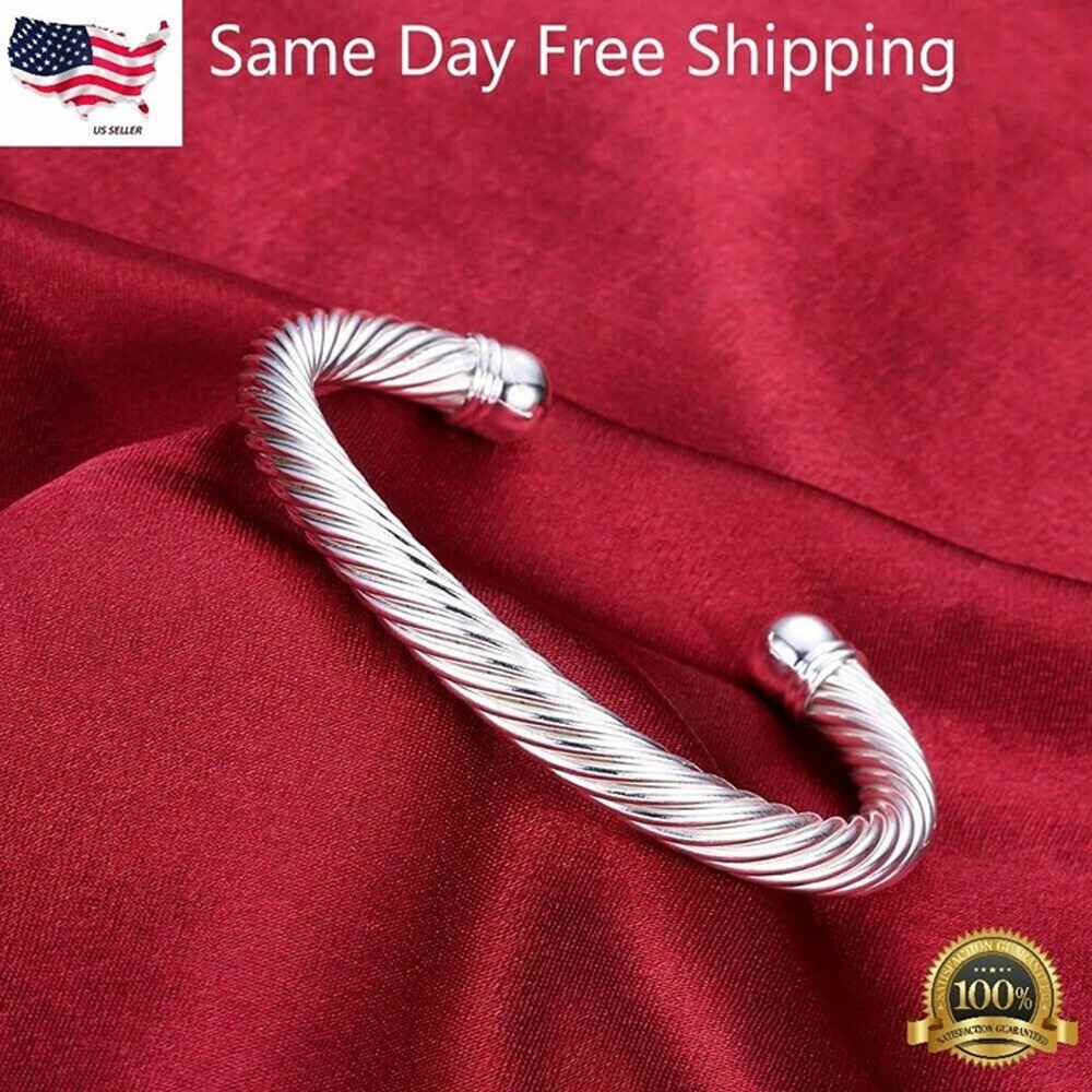 Women's Silver Plated Twisted Cable Cuff Bangle Fashion Bracelet